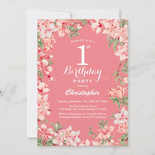 1e verjaardag Roze Boho botanische bloemen Kaart (Voorkant)