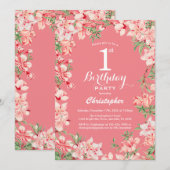 1e verjaardag Roze Boho botanische bloemen Kaart (Voorkant / Achterkant)