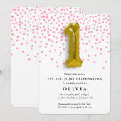 1e Verjaardag Roze Confetti en Gouden Ballon Kaart (Voorkant / Achterkant)