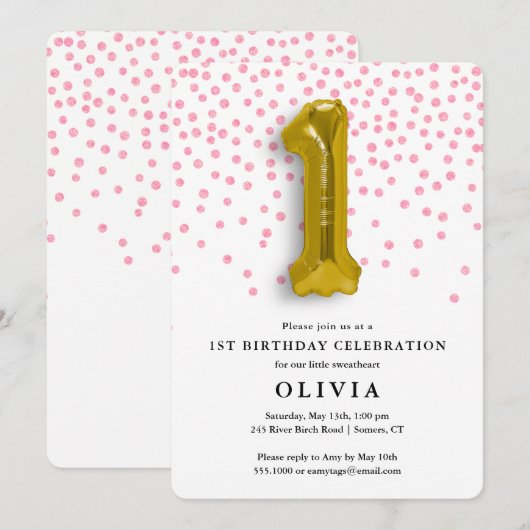 1e Verjaardag Roze Confetti en Gouden Ballon Kaart (Voorkant / Achterkant)