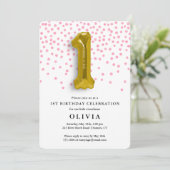1e Verjaardag Roze Confetti en Gouden Ballon Kaart (Staand voorkant)