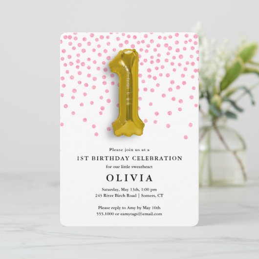 1e Verjaardag Roze Confetti en Gouden Ballon Kaart (Staand voorkant)
