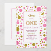 1e verjaardag Roze en Gouden Glitter Kaart (Voorkant / Achterkant)