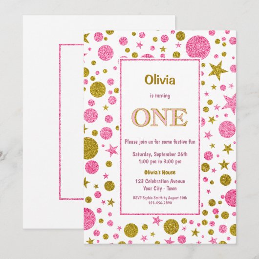 1e verjaardag Roze en Gouden Glitter Kaart (Voorkant / Achterkant)