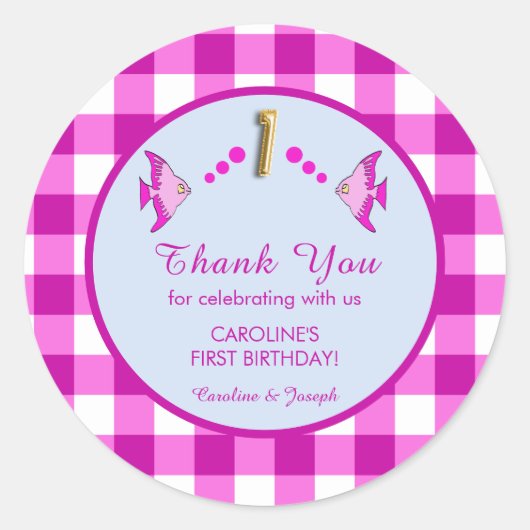 1e verjaardag Roze Gingham Vis Bedankt Ronde Sticker (Voorkant)