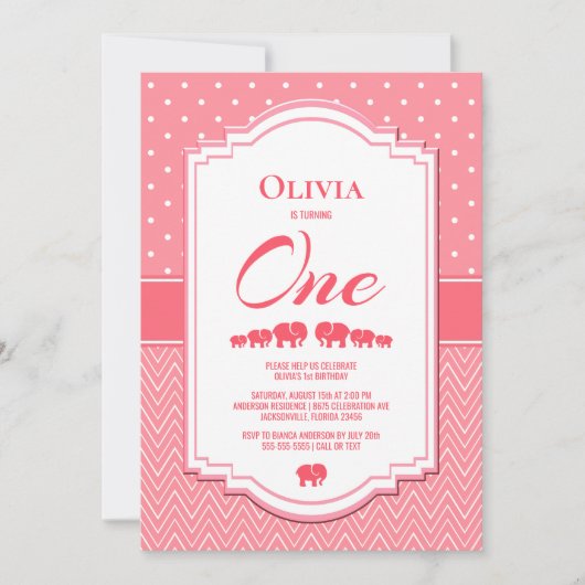 1e verjaardag roze olifanten feest kaart (Voorkant)