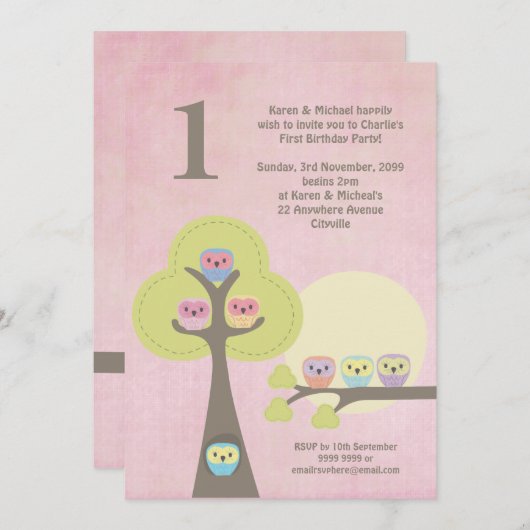 1e verjaardag Roze Partij Nacht Uitnodiging van de (Voorkant / Achterkant)