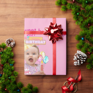 1e verjaardag Roze Persoonlijke Foto Ontwerp Cadeaupapier