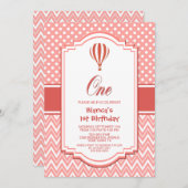 1e Verjaardag Roze Polka Dot Hot Air Balloon Party Kaart (Voorkant / Achterkant)