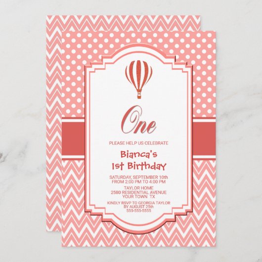 1e Verjaardag Roze Polka Dot Hot Air Balloon Party Kaart (Voorkant / Achterkant)