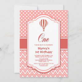 1e Verjaardag Roze Polka Dot Hot Air Balloon Party Kaart