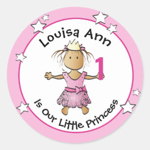 1e Verjaardag Roze Prinses Cartoon Etnisch Meisje Ronde Sticker