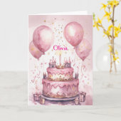 1e Verjaardag Roze Prinses Kasteel Meisje Naam Kaart (Gele Bloem)
