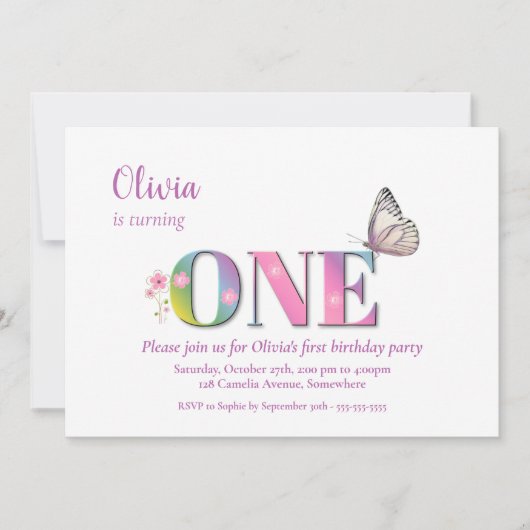 1e verjaardag Roze regenboogbloemen en vlinderdeel Kaart (Voorkant)