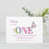 1e verjaardag Roze regenboogbloemen en vlinderdeel Kaart (Staand voorkant)