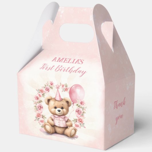 1e Verjaardag Roze Rozen Schattige Beer Grote Gabl Bedankdoosjes (Voorkant)