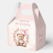 1e Verjaardag Roze Rozen Schattige Beer Medium Gab Bedankdoosjes (Voorkant)