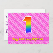 1e verjaardag: roze strepen & harten, regenboog 1 briefkaart (Voorkant / Achterkant)
