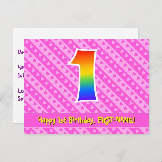 1e verjaardag: roze strepen & harten, regenboog 1 briefkaart (Voorkant / Achterkant)