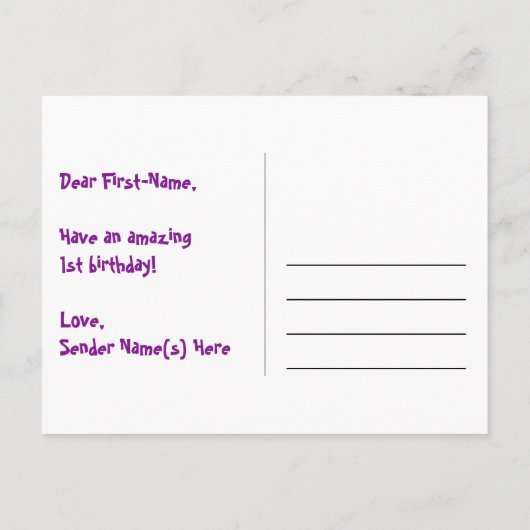 1e verjaardag: roze strepen & harten, regenboog 1 briefkaart (Achterkant)