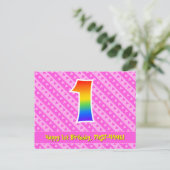 1e verjaardag: roze strepen & harten, regenboog 1 briefkaart (Staand voorkant)