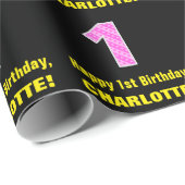 1e verjaardag: Roze strips en hart "1" + Naam Cadeaupapier (Rol Hoek)