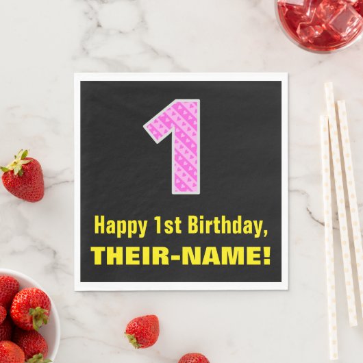 1e verjaardag: Roze strips en hart "1" + Naam Servet (Insitu)
