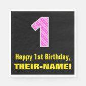 1e verjaardag: Roze strips en hart "1" + Naam Servet (Voorkant)