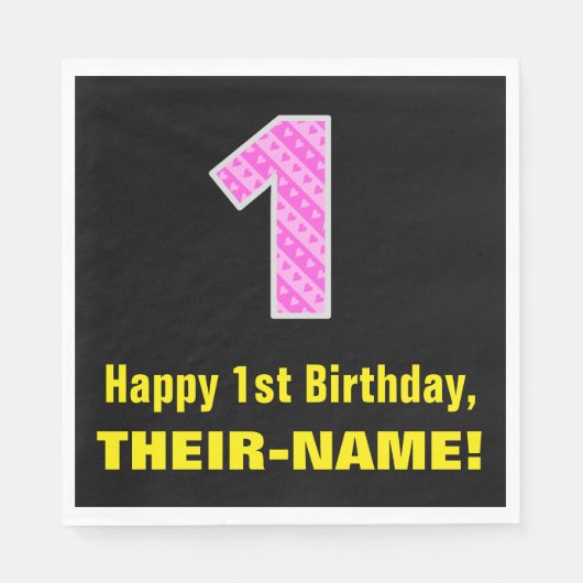 1e verjaardag: Roze strips en hart "1" + Naam Servet (Voorkant)