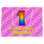 1e verjaardag: Roze strips & harten, regenboognr.  Groot Cadeauzakje (Voorkant)