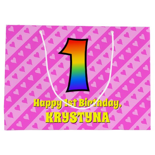 1e verjaardag: Roze strips & harten, regenboognr.  Groot Cadeauzakje (Achterkant)