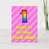 1e verjaardag: Roze strips & harten, regenboognr.  Kaart (Voorkant)