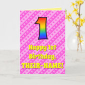 1e verjaardag: Roze strips & harten, regenboognr.  Kaart (Gele Bloem)