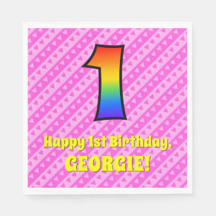 1e verjaardag: Roze strips & harten, regenboognr.  Servet