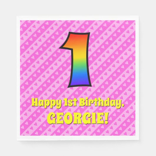 1e verjaardag: Roze strips & harten, regenboognr.  Servet (Voorkant)