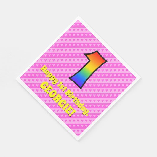 1e verjaardag: Roze strips & harten, regenboognr.  Servet (Hoek)