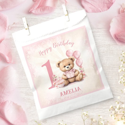 1e verjaardag roze Teddy Bear Favor Bag Bedankzakje