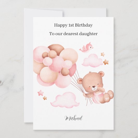 1e verjaardag roze teddybeer kaart (Voorkant)