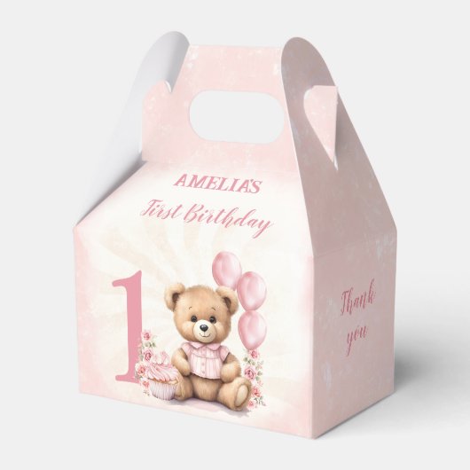1e verjaardag roze teddybeer nummer gunst dozen bedankdoosjes (Voorkant Zijde)