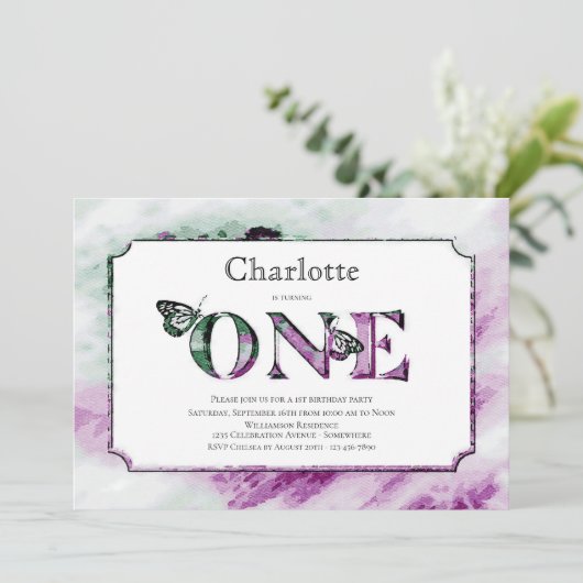 1e verjaardag: Rustische Paarse Groene Partij Kaart (Staand voorkant)