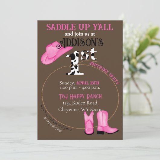 1e Verjaardag Saddle Up Cowgirl Boots Pet en Lasso Kaart (Staand voorkant)