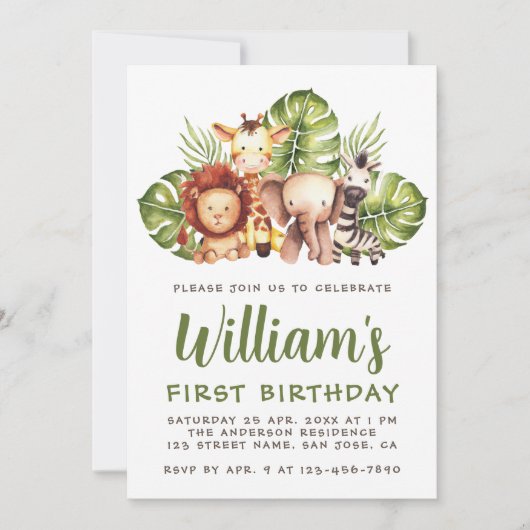 1e Verjaardag Safari Dieren Schattige Oerwoud Wild Kaart (Voorkant)