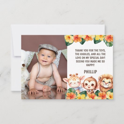 1e Verjaardag Safari Leeuw Giraffe Aap Foto Bedankkaart (Voorkant)