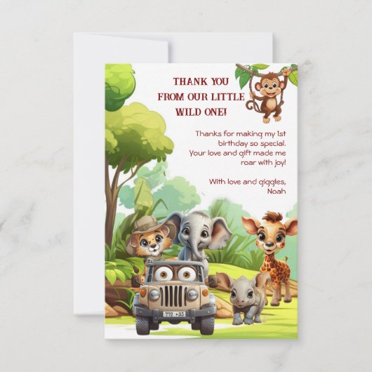 1e verjaardag Safari Wild One Jungle bedankkaart (Voorkant)