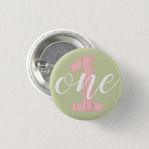 1e verjaardag Sage Green & Pink Wood One Ronde Button 3,2 Cm