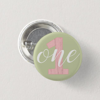 1e verjaardag Sage Green & Pink Wood One Ronde Button 3,2 Cm