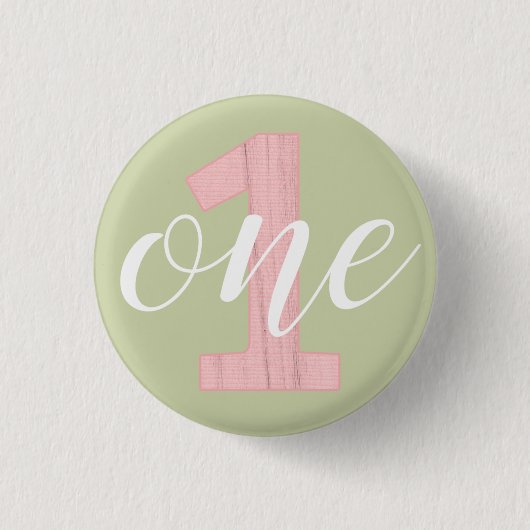 1e verjaardag Sage Green & Pink Wood One Ronde Button 3,2 Cm (Voorkant)