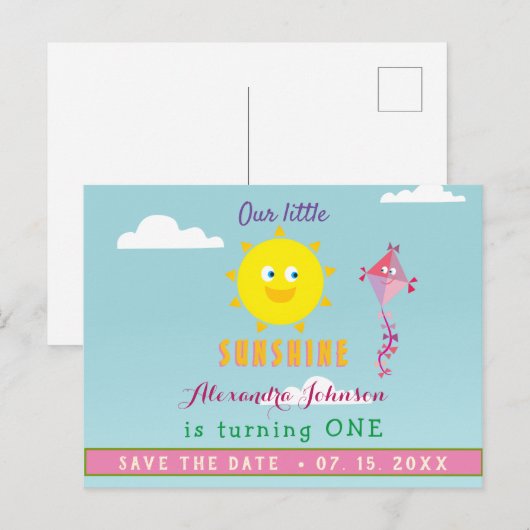 1e verjaardag save the date, onze kleine zonnetje aankondigingskaart (Voorkant / Achterkant)