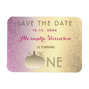 1e Verjaardag Save The Date Roze en Gouden Pompoen Magneet