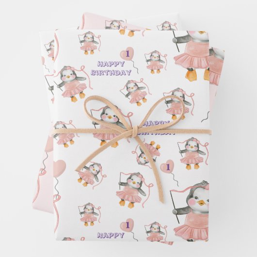 1e Verjaardag Schattige Ballerina Penguin Roze Inpakpapier Vel (In situ)